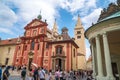 Prague, Czech Republic - 21.08.2018: The St. George Basilica, and round portico of the Empress Maria Theresa Entrance to the