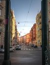 Prague, Czech Republic 1/5/2020: Street view through a light poles