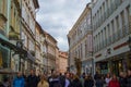 Prague, Czech Republic; 5/17/2019: Tourists taking a walk in Celetna street, in the old town of Prague