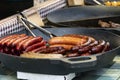 Prague, Czech Republic 2019:Traditional hot dog preparation on coal fire on the street during the Christmas market Royalty Free Stock Photo