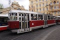 Prague, Czech Republic.Tram on the street of Prague.Typical old retro vintage tram on tracks near tram stop in the streets of Prag Royalty Free Stock Photo