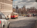 Prague, Czech Republic 1/5/2020: Tramway passing by on the street of Prague