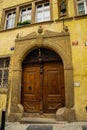 PRAGUE, CZECH REPUBLIC: Unusual miniatures decor on wooden door. Beautiful door