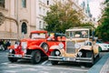 Prague, Czech Republic. View Of Parking Retro Old Vintage Cars Ford With Drivers For Riding Tourists Royalty Free Stock Photo