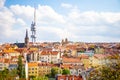 Prague, Czech Republic - 6.05.2019: View from the top of the Vitkov Memorial on the Prague landscape on a sunny day with