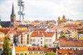 Prague, Czech Republic - 6.05.2019: View from the top of the Vitkov Memorial on the Prague landscape on a sunny day with