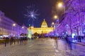 Large celebration of the New year 2019 on the main Prague square, the Wenceslas square. Hundreds of people were lunching firework
