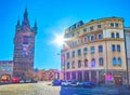 Panorama of Old Town district with Powder Tower and historic building on Celetna street, on March 11 in Prague, Czechia Royalty Free Stock Photo