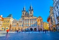 Staromestske namesti Old Town square with outstanding historic townhouses and towers of Church of Our Lady before Tyn, Prague, Royalty Free Stock Photo
