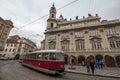 Tram passing by the stop of Malostranske Namesti Square, in the Mala Strana district, one of the most touristic spots