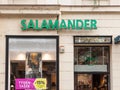 Salamander shoes logo in front of their store in Prague. Royalty Free Stock Photo