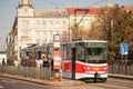 Prague tram, or called Prazske tramvaje, Tatra KT8D5 model, on Palackeho Namesti, crowded with commuters