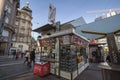 Czech Vaclavska Klobasa sausage stand on Wenceslas Square in Prague. These stands sell sausages, street food and hot dog stand