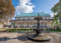 Singing fountain and Queen Annes Summer Palace at Royal Garden of Prague Castle - Prague, Czech Republic Royalty Free Stock Photo