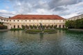 Wallenstein Garden with Hercules fighting a dragon fountain and Wallenstein Riding Hall - Prague, Czech Republic Royalty Free Stock Photo