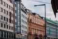 PRAGUE, CZECHIA - 10TH APRIL 2019: Bright colorful tall buildings found in Prague city center