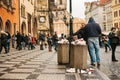 Prague, December 24, 2017: A crowded trash can on Prague`s main square during the christmas holidays. A lot of people in