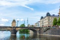 Prague embankment on a summer day. Panorama of the city. Beautiful buildings