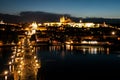 Prague evening panorama. Aerial view of Prague Castle and Charles Bridge over Vltava river from Old Town Bridge Tower Royalty Free Stock Photo