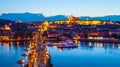 Prague evening panorama. Aerial view of Prague Castle and Charles Bridge over Vltava river from Old Town Bridge Tower Royalty Free Stock Photo