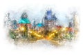 Prague - famous landmark Charles Bridge with illumination, watercolor artwork Royalty Free Stock Photo