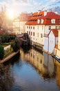 Prague landmark. Certovka river and and old water wheel mill in Prague