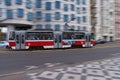 Prague line 5 tram travelling on the road in high speed in front of Dancing House