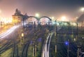 Prague main railway station in foggy autumn night