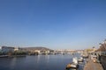 Panorama of Prague, Czech Republic, seen from the Vltava river, with a focus on Palackeho Most bridge and the riverbnaks.
