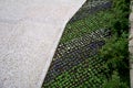 Prague, marble white mosaic, and biennial floral geometric polygonal striped flowerbed of pansies blue blue with drip irrigation a Royalty Free Stock Photo