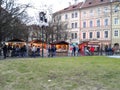 Prague market and street full of people and tourists