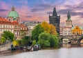 Prague medieval architecture near Charles bridge over Vltava river at sunset, Czech Republic