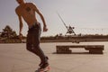 Prague metronom view with skateboarding young man at Letna district