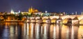 Prague night panorama. Prague Castle and Charles Bridge above Vltava River, Praha, Czech Republic