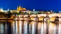 Prague night panorama. Prague Castle and Charles Bridge above Vltava River, Praha, Czech Republic