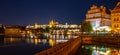 Prague by night. Prague Castle and Charles Bridge reflected in Vltava River. View from Smetana Embankment. Praha, Czech