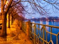 Prague by night. Smetana embankment woth cobbled sidewalk, trees and metal ornamental railing, Czech Republic