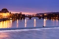 Prague at night, view of the Vlatava river, reflection of night city lights, cityscape Royalty Free Stock Photo