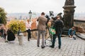 Prague, October 28, 2017: Team of operators and journalists shoot report next to the Prague Castle