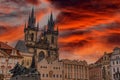 Prague old town city square view dramatic red sunset sky Royalty Free Stock Photo