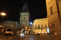 Prague and one of its towers during the night.