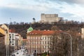 Prague panorama with Jan Zizka equestrian statue in front of National memorial Vitkov, Czech Republic