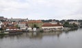 Prague Panorama and Kafka Museum over Vltava river in Czech Republic