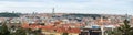 The Prague panorama. The panoramic cityscape of Czech Republic capitol on a sunny day. The detail view of modern and old part of