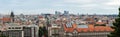 The Prague panorama. The panoramic cityscape of Czech Republic capitol on a sunny day. The detail view of modern and old part of