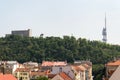 Prague panorama skyline aerial view with Zizkov television tower and equestrian statue in front of National memorial Vitkov Royalty Free Stock Photo