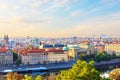 Prague river bank with Old Town Square and the National Theatre