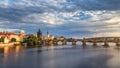 Prague Scenic spring sunset aerial view of the Old Town pier architecture and Charles Bridge over Vltava river in Prague, Czech Royalty Free Stock Photo