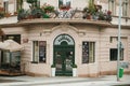 Prague, September 24, 2017: The corner of the traditional building with the Czech architecture with balconies and