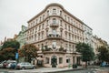 Prague, September 24, 2017: The corner of the traditional building with the Czech architecture with balconies and